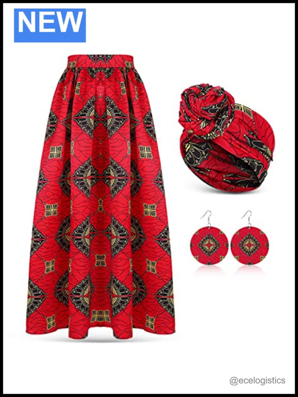 Women African 3 Piece Set: Printed Maxi Skirt with Pockets, Head Wrap Scarf &